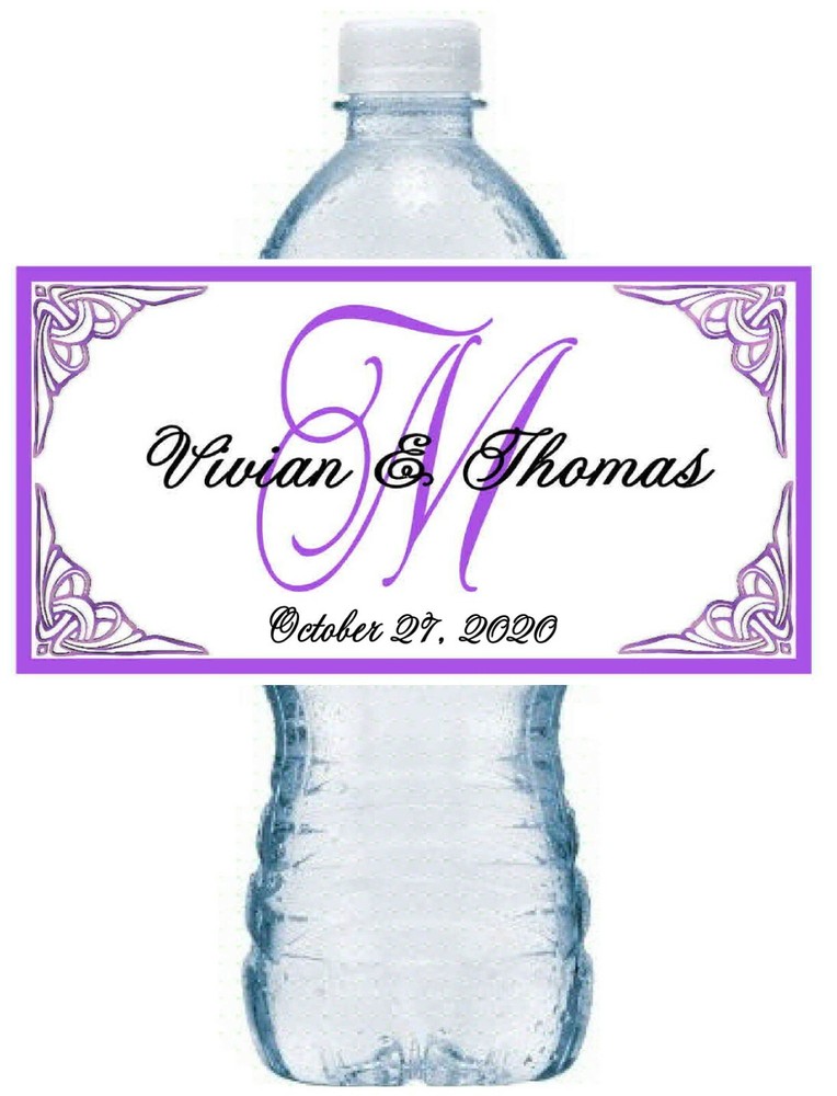 100 PERSONALIZED PURPLE MONOGRAM WEDDING WATER BOTTLE LABELS Waterproof Ink