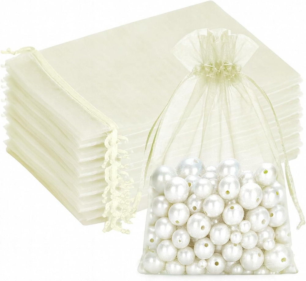 25PCS Drawstring Organza Bags 5×7 inches – Ivory Organza Gift Bags, Sheer Mesh P