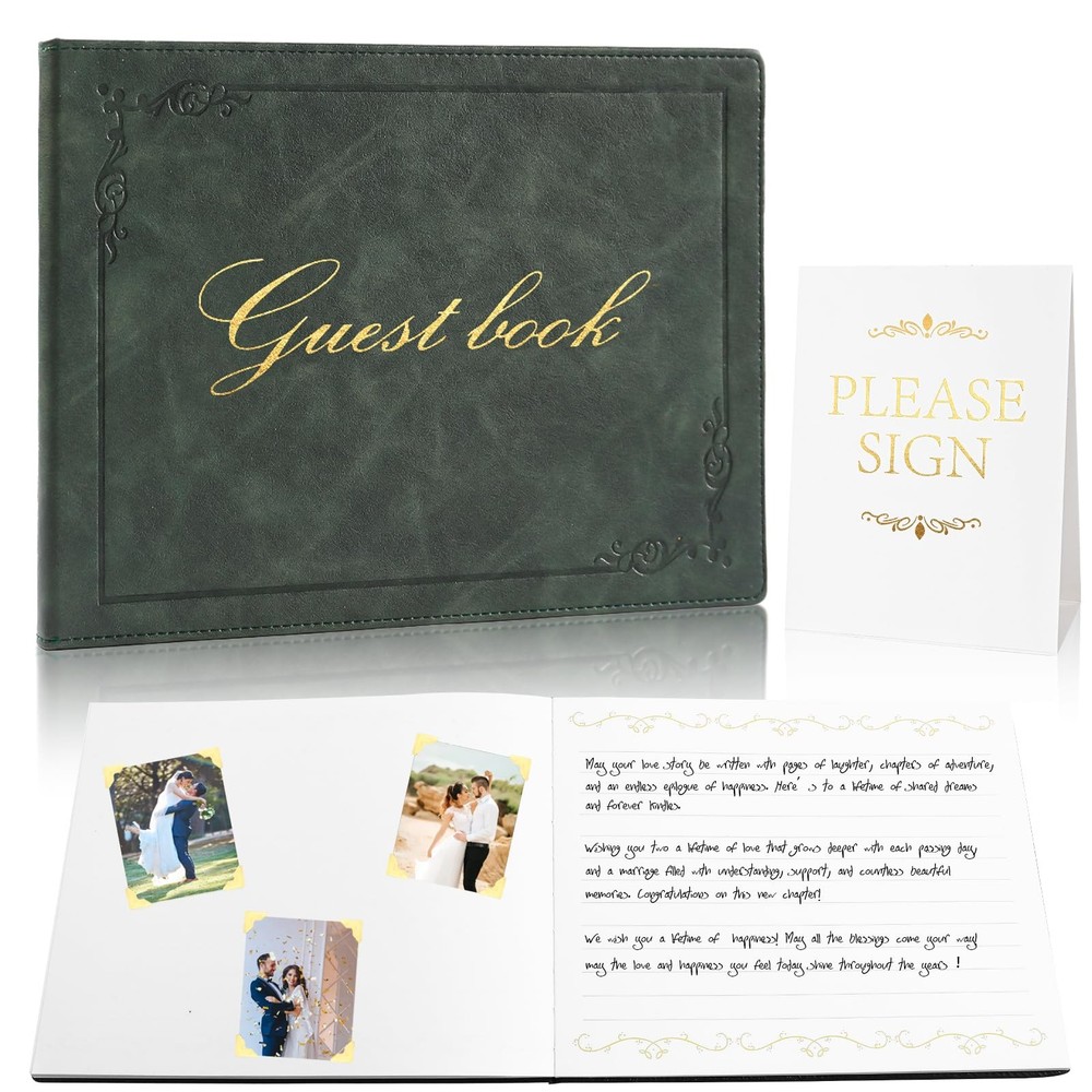 Rolarhola 8×10 Leather Guest Book and Standup Sign Set, Gold Foiled Green