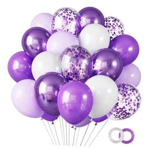 65 Pcs 12 Inches Lavender Balloons Metallic and Confetti Balloons for Purple