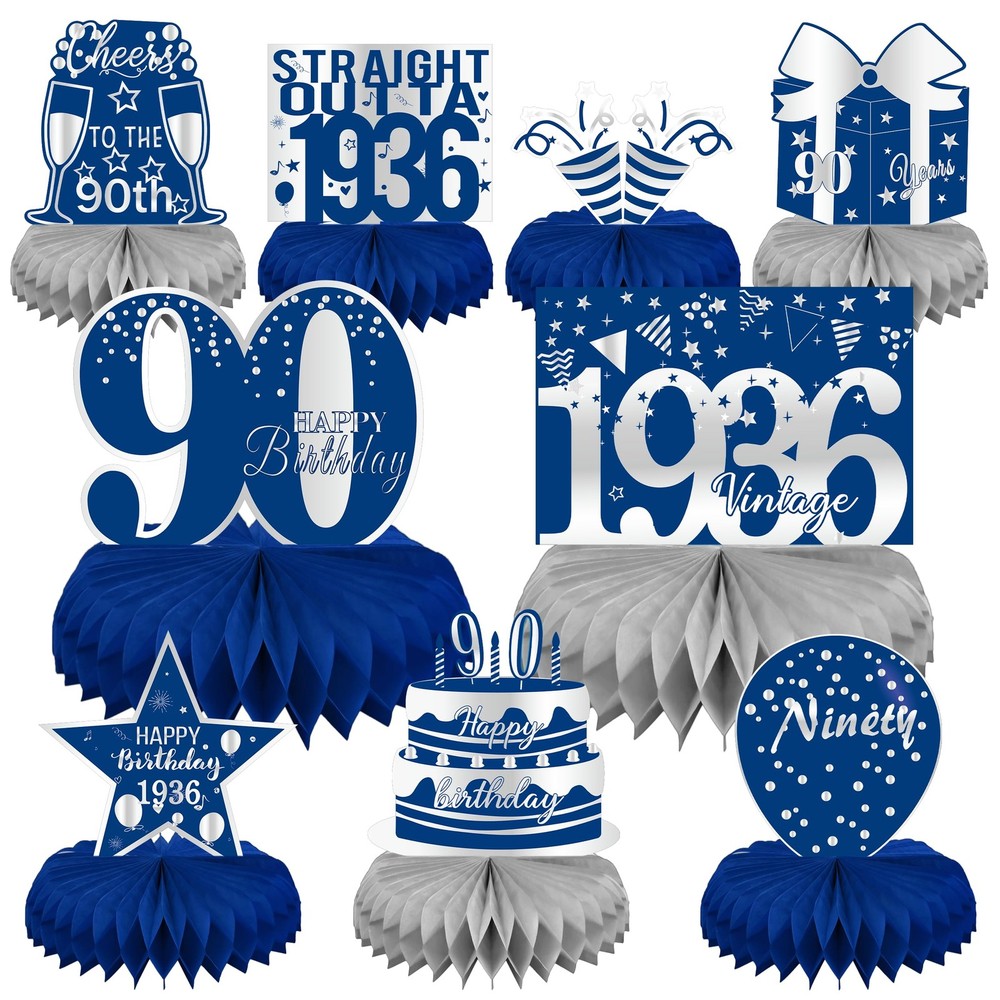 LINAYE 90th Birthday Decorations for Men – Blue and Silver Blue,