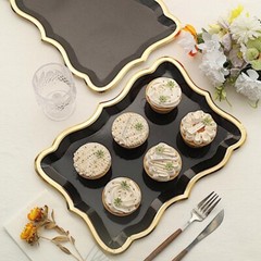 BLACK 10 Rectangle 14″ Paper SERVING TRAYS Scroll Design Gold Rim Party Events