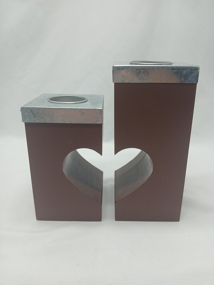 Heart-Shaped Unity Set 2 Piece Candle TeaLight Holder Wood Base And Metal Top