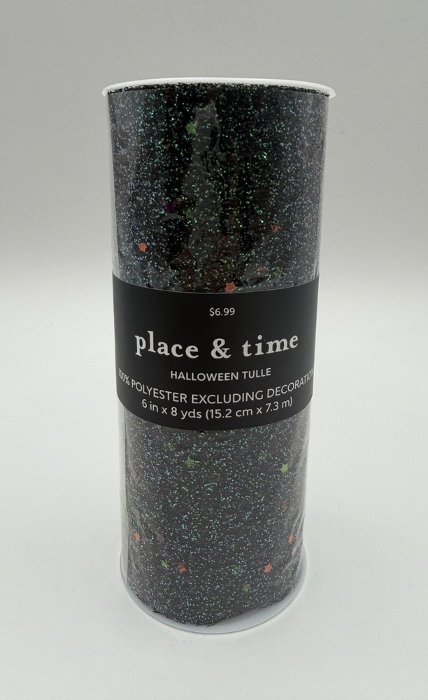 Place & Time Halloween Tulle 100% Polyester 6″ x 8 yds Green Glitter w/Stars