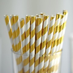 200 pcs 8″ White and Gold Biodegradable Striped Paper Straws Wedding Party Craft