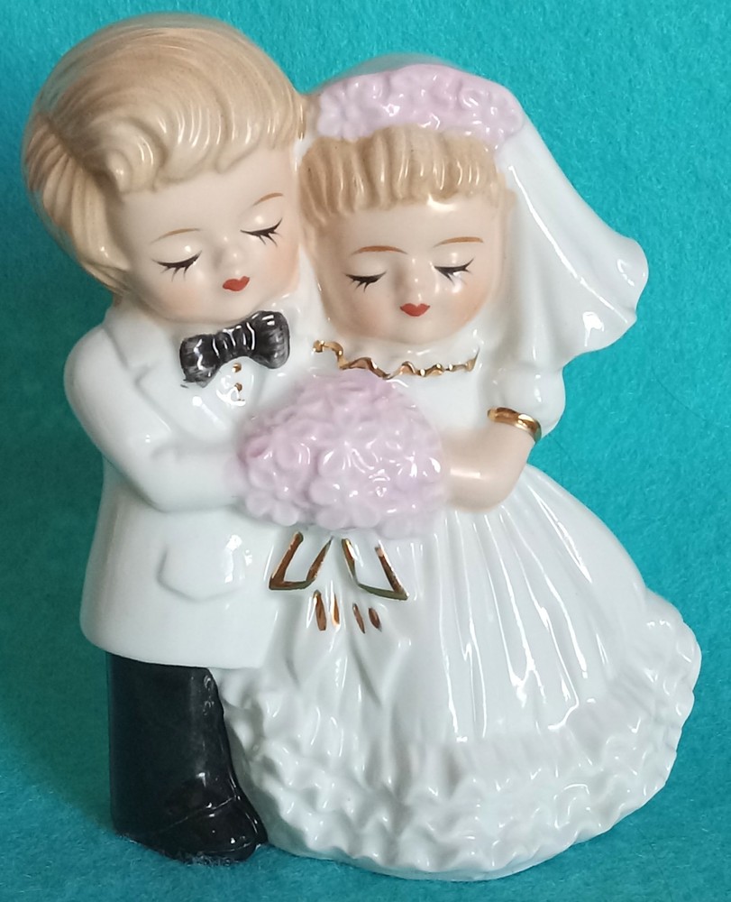 Vintage MCM Porcelain Blonde Bride & Groom Wedding Cake Topper Figurine