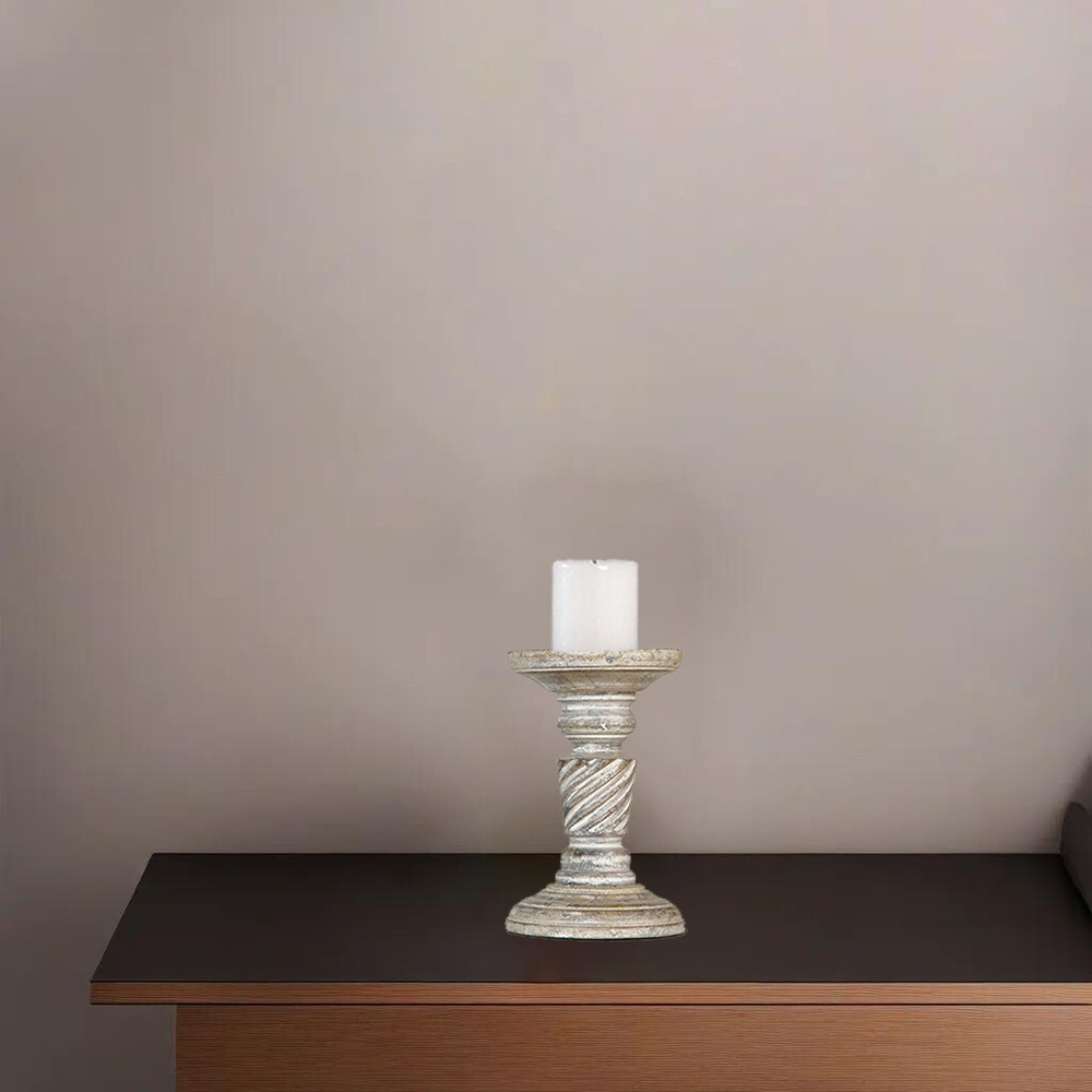 Traditional Antique White Eco-friendly Handmade Mango Wood Pillar Candle Holder