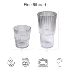 Fine Ribbed Acrylic Drinking Glass – – 16 oz – Set of 6 DOF Clear
