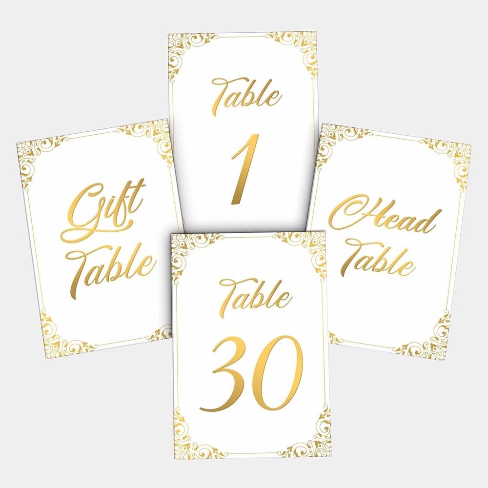 Gold Wedding Table Numbers 1-30 – Double Sided Foil 4×6 inches,