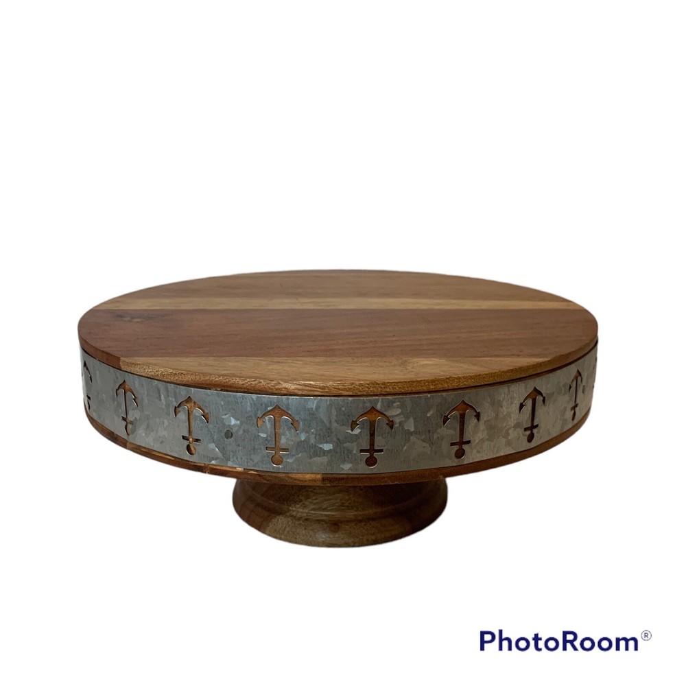 Cake Stand Riser 4.5” High 11” Round Wood Galvanized Metal Band Trim India Made