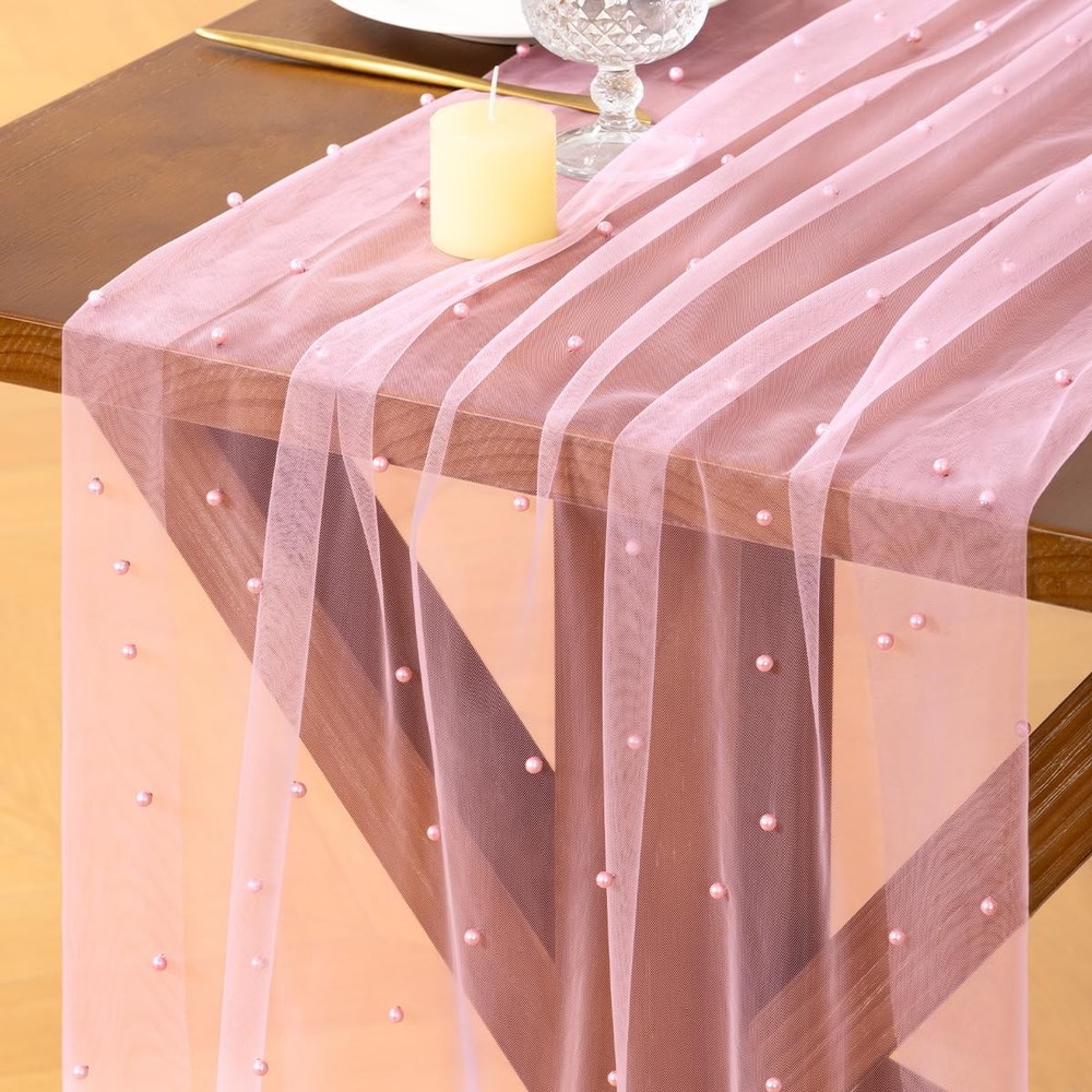 Socomi Pearl Table Runner Tulle Pink Summer Cheesecloth 10FT 10ft X 1pc,