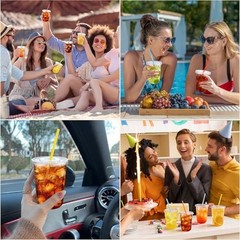 Set of 100 16oz Clear Plastic Cups—Colorful Straws—16 Fluid Ounces
