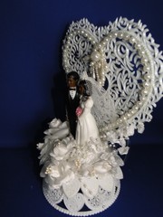 New Vintage Dark skin Bride & Groom Filigree Heart Wedding CakeTop, #304