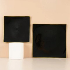 10 BLACK 8″ Square Concave Plastic Salad Dinner PLATES Gold Rim Party Events