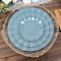 10 DUSTY BLUE 11″ Round PLASTIC Salad Dinner PLATES Gold Wavy Rim Wedding Party