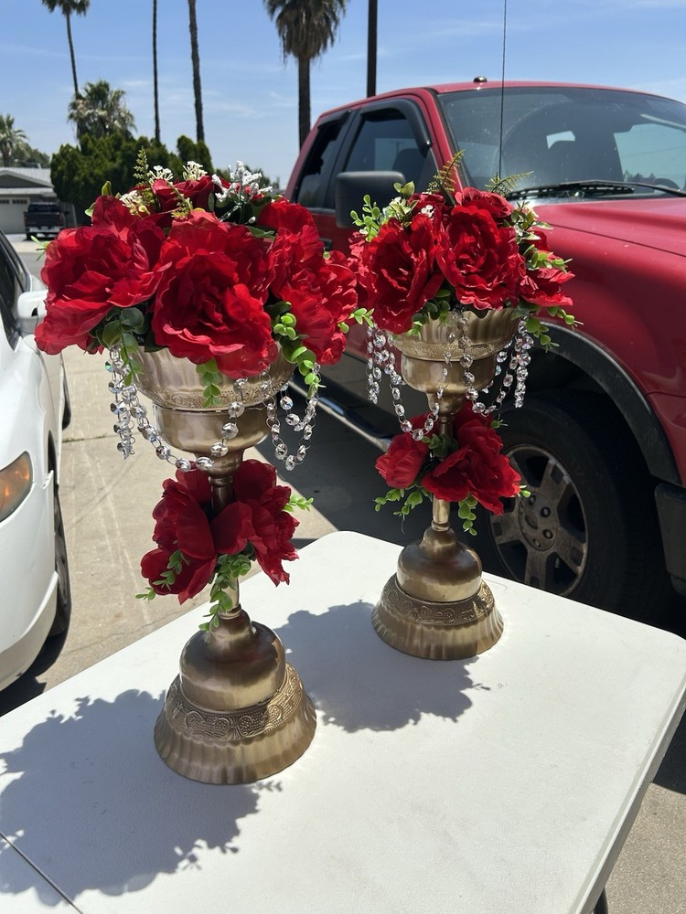Gold Wedding Centerpieces with Red Flowers, Crystal Accents, Traditional Style