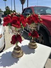Gold Wedding Centerpieces with Red Flowers, Crystal Accents, Traditional Style
