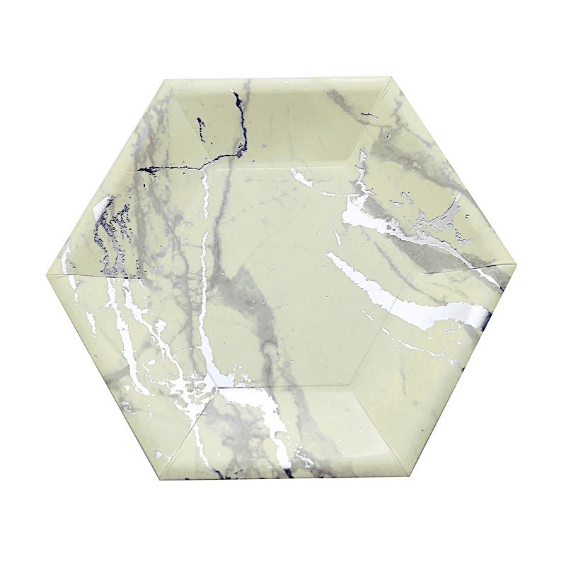 50 pcs 8.5″ Ivory Silver Hexagon Paper Salad Plates Marble Design Tableware