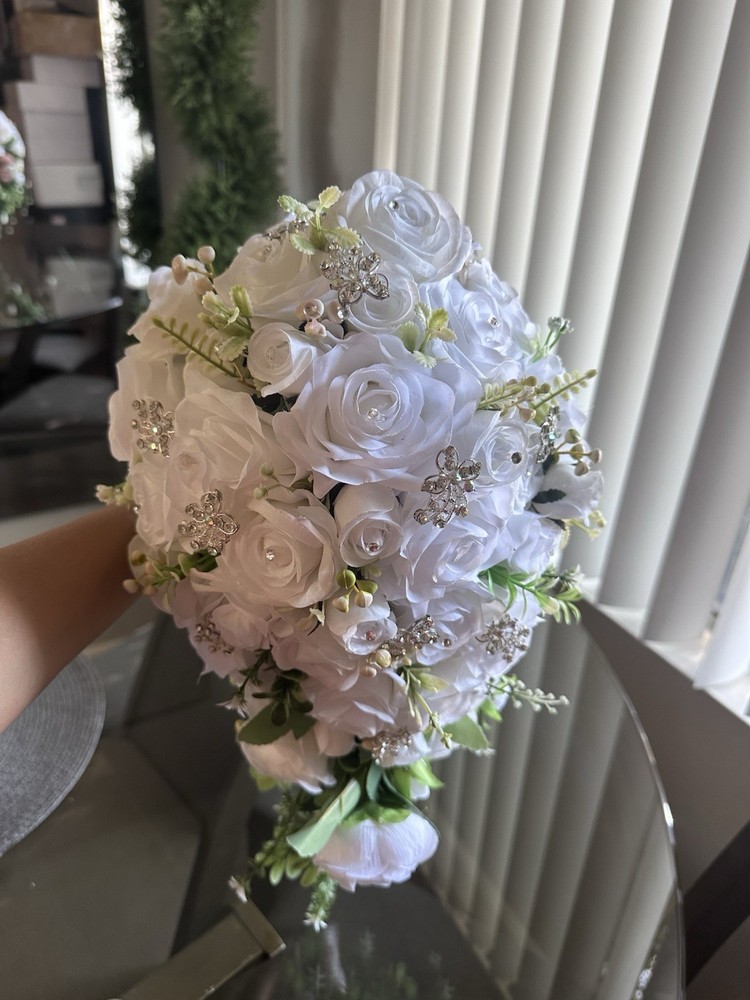 Artificial White Rose Wedding Bouquet w/ Green & Silver Rhinestone Accents