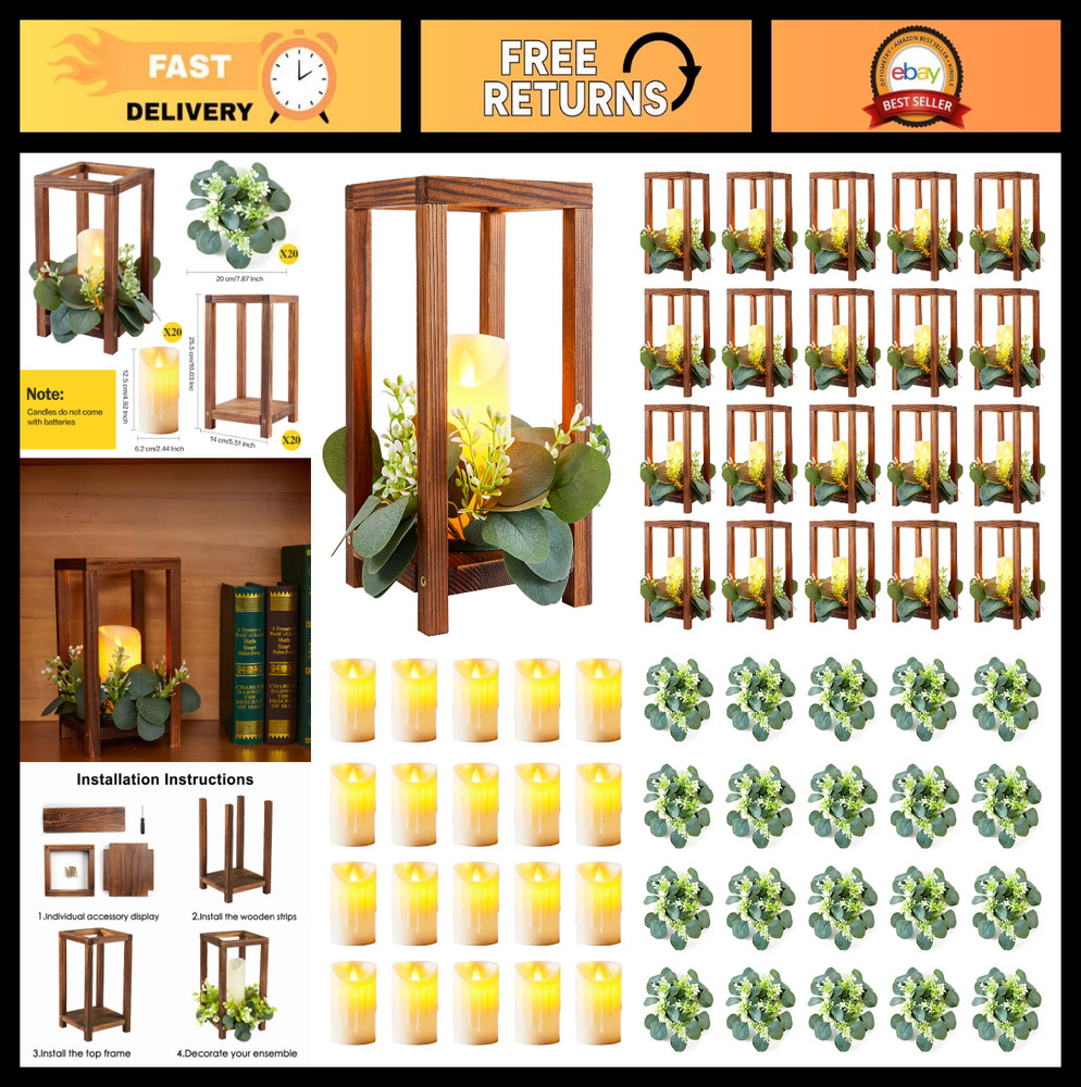 60 Pcs Wooden Wedding Lantern Centerpiece Set – Candle Holders, LED Candles & Eu