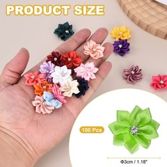 100 Pcs Ribbon Flowers, 1.2 in Fabric Flowers with Rhinestones, Green