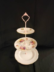 3 Tiered Serving Platter Cake Plate White w/ Floral Pattern Gold Trim