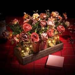 3 Pcs Mason Jar Centerpiece Decor with Wood Tray & LED Lights for Dining Room, K