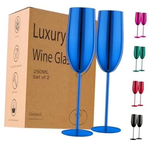 Stainless Steel Champagne Flutes Set of 2-Unbreakable Metal Long Stem Blue