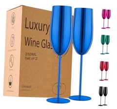 Stainless Steel Champagne Flutes Set of 2-Unbreakable Metal Long Stem Blue