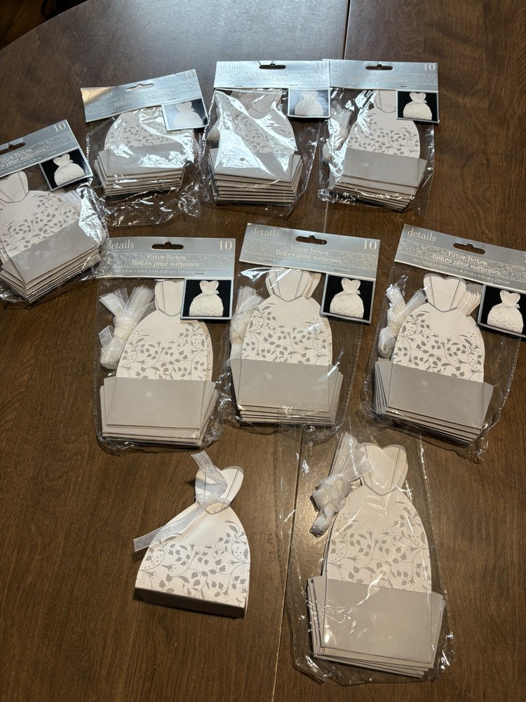 Wedding Engagement Favor Boxes Bridal Dress Silver & White 7 Packs of 10 NIB