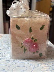 Pink Roses Square Candle Gift Wrapped With White Ribbon Rare Unscented New