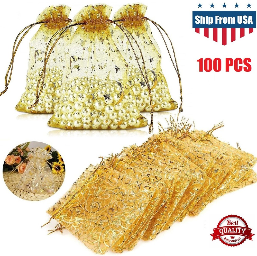 100 × Golden Drawstring Organza Pouches Wedding 4″x 5″ Party Candy Gift Bags USA