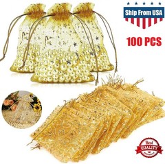 100 × Golden Drawstring Organza Pouches Wedding 4″x 5″ Party Candy Gift Bags USA