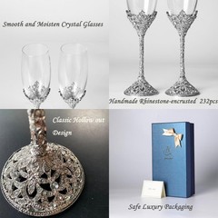 Popgege Wedding Champagne Flutes Set of 2 – Metal Base With Crystal Stones,