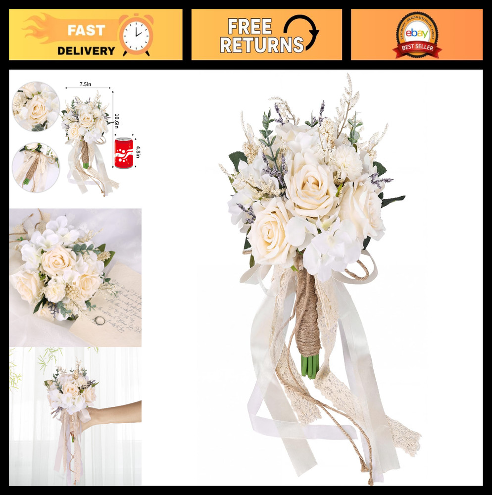 Elegant White Champagne Artificial Rose Wedding Bouquets for Bride & Bridesmaid