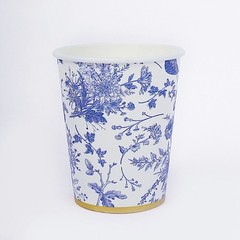 24 WHITE 9 oz Blue Floral Design Paper CUPS GOLD Rim Party Events Decorations