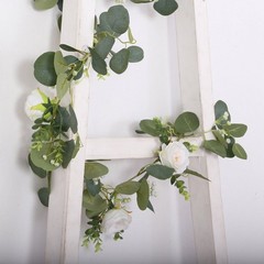 5.5 ft Green White Eucalyptus Leaves Garland Silk Rose Flower Heads Party Events