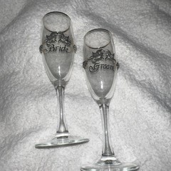 Rawcliffe Bride & Groom Toasting Flute Wedding Glasses Vintage Pewter Doves VTG!