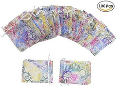 100Pcs Drawstring Organza Bag 3.54X4.7 Inches White Coralline Pattern Jewelry Ca