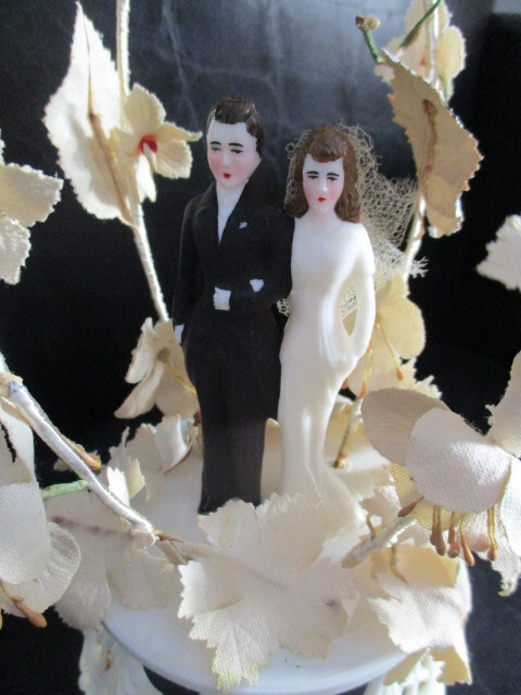 Vintage 1950s Wedding Cake Topper Bride and Groom Figurine under Arbor Stand