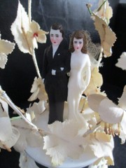 Vintage 1950s Wedding Cake Topper Bride and Groom Figurine under Arbor Stand
