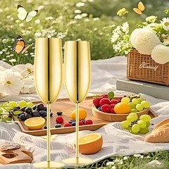 Stainless Steel Champagne Flutes Set of 2-Unbreakable Metal Long Stem Gold