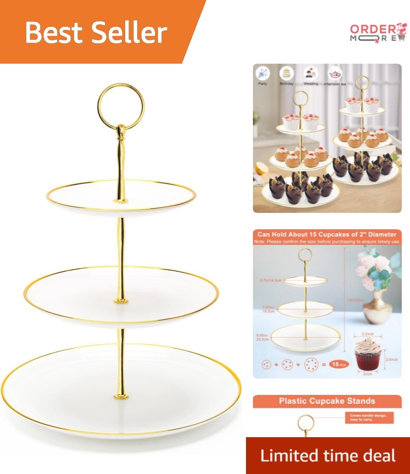 3 Tier Cupcake Stand Plastic Food Grade Round-Gold Edge Dessert Tower for Par…