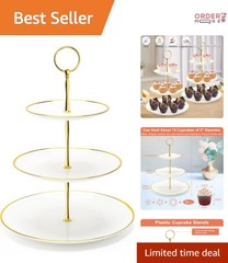 3 Tier Cupcake Stand Plastic Food Grade Round-Gold Edge Dessert Tower for Par…