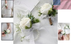 Handcrafted Ivory Rose Wrist Corsage with Boutonniere for Special Occasions