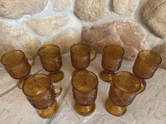 Vintage Glass Set of 8 Goblet MCM Orange Colored Raised Pattern Goblet 5.5″ tall