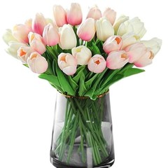 20pcs White Faux Tulips Flowers Fake Flowers Bouquets 13.5″ White and Pink