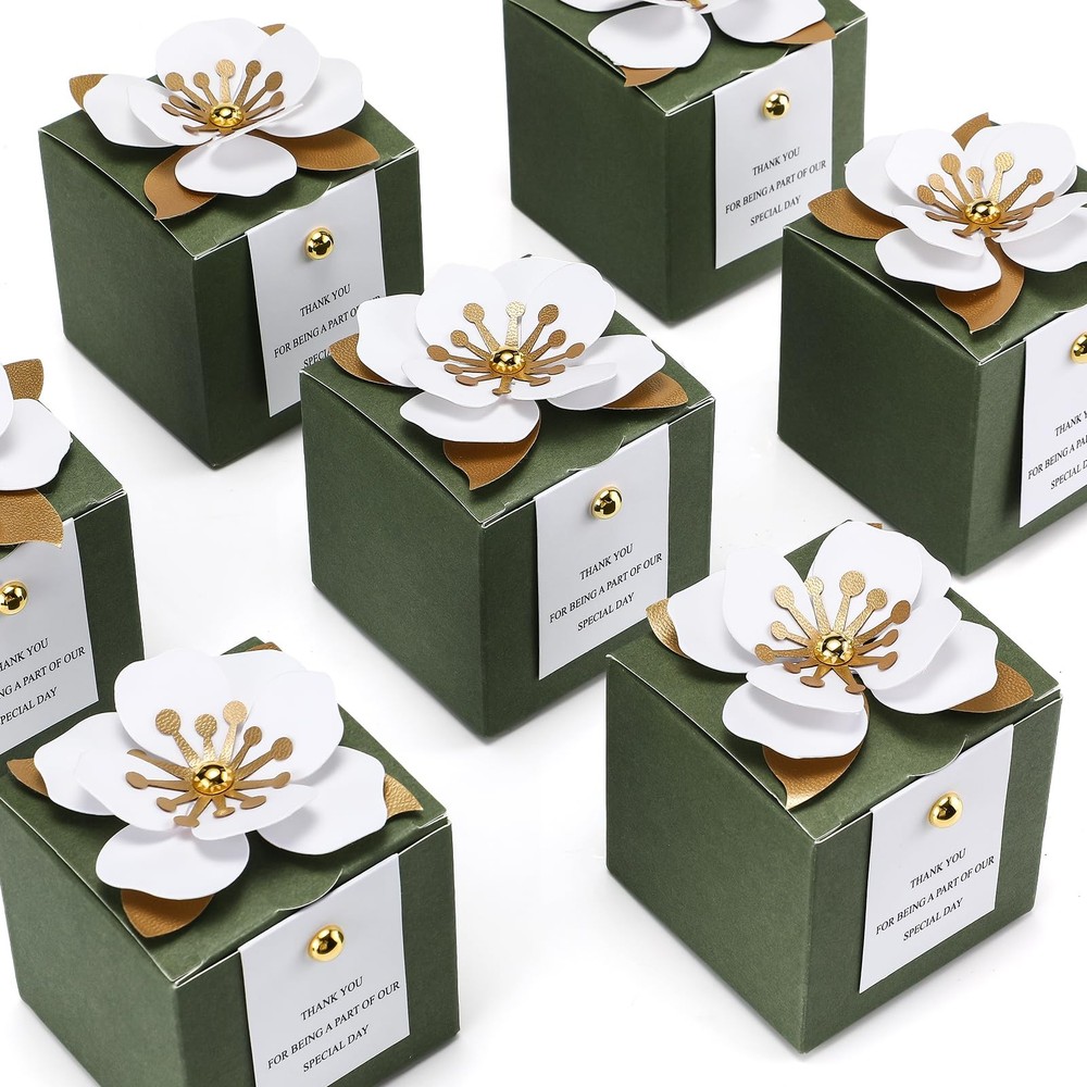 Affrolling 50 Pcs Wedding Favor Boxes with Thanks Card Square Flower Candy Boxes