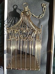 Gold Finish Metal Heart Bird Cage+Adj Hanging Chain Wedding Card Holder Planter