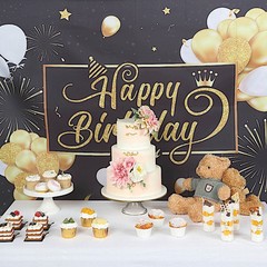 6×3 ft BLACK GOLD Printed Polyester Photo Backdrop Happy Birthday BANNER Party